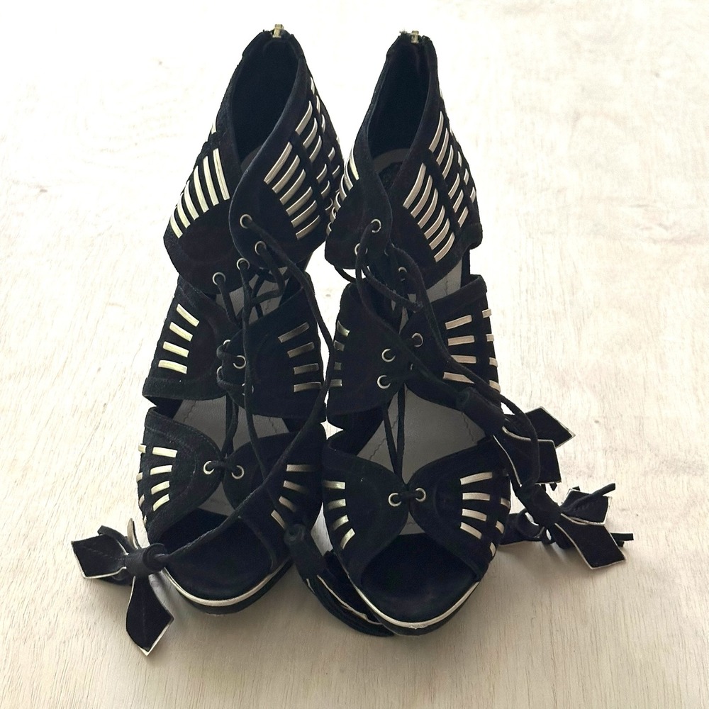 Christian Dior Heels Womens 39.5 Black Suede Lace Up Cage Stiletto Sandals Italy - Picture 2 of 8